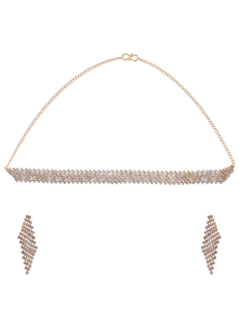 Women's Gold Plated Amarican Diamond Handcrafted Choker With Earrings Set