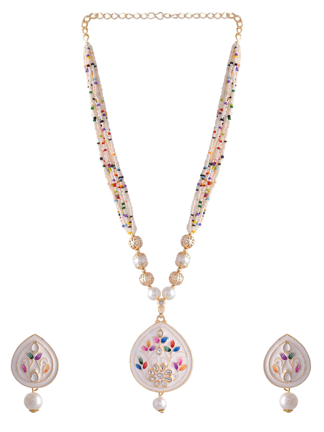 Women's White Pearl And Kundan Hand Painted Necklace With Earrings Jewellery Set - Voj