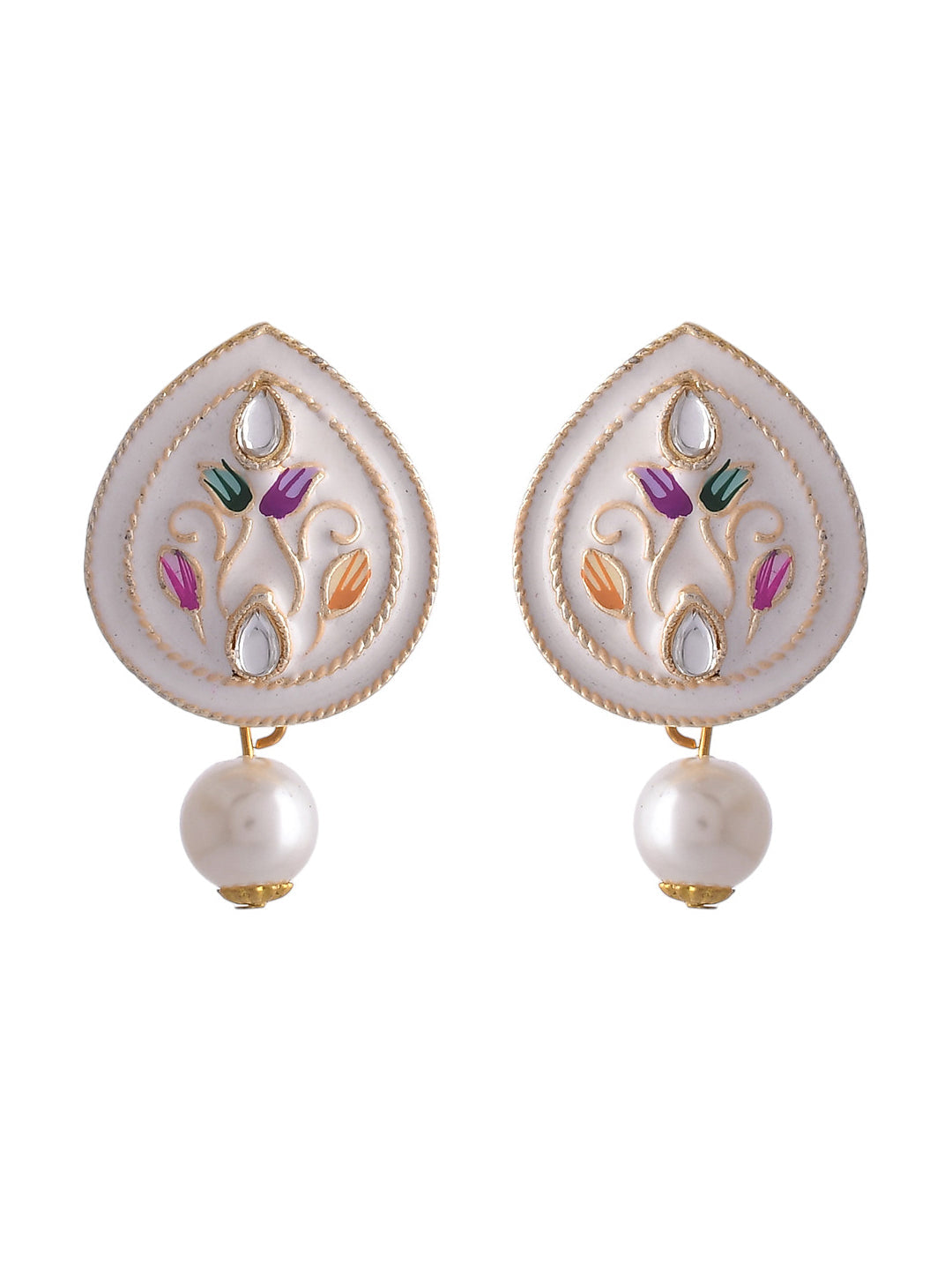 Women's White Pearl And Kundan Hand Painted Necklace With Earrings Jewellery Set