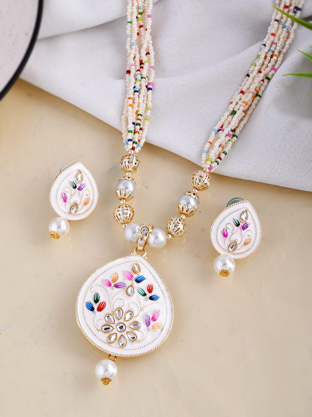 Women's White Pearl And Kundan Hand Painted Necklace With Earrings Jewellery Set - Voj