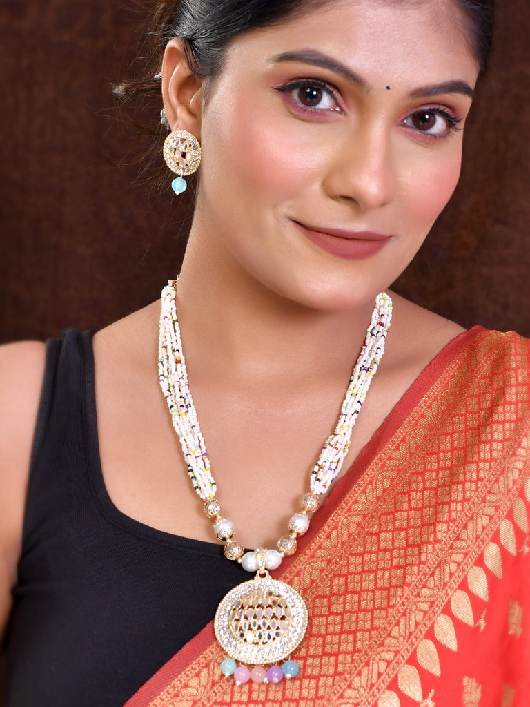 Women's Gold Plated And White Pearl Kundan Multi Color Beaded Jewellery Set