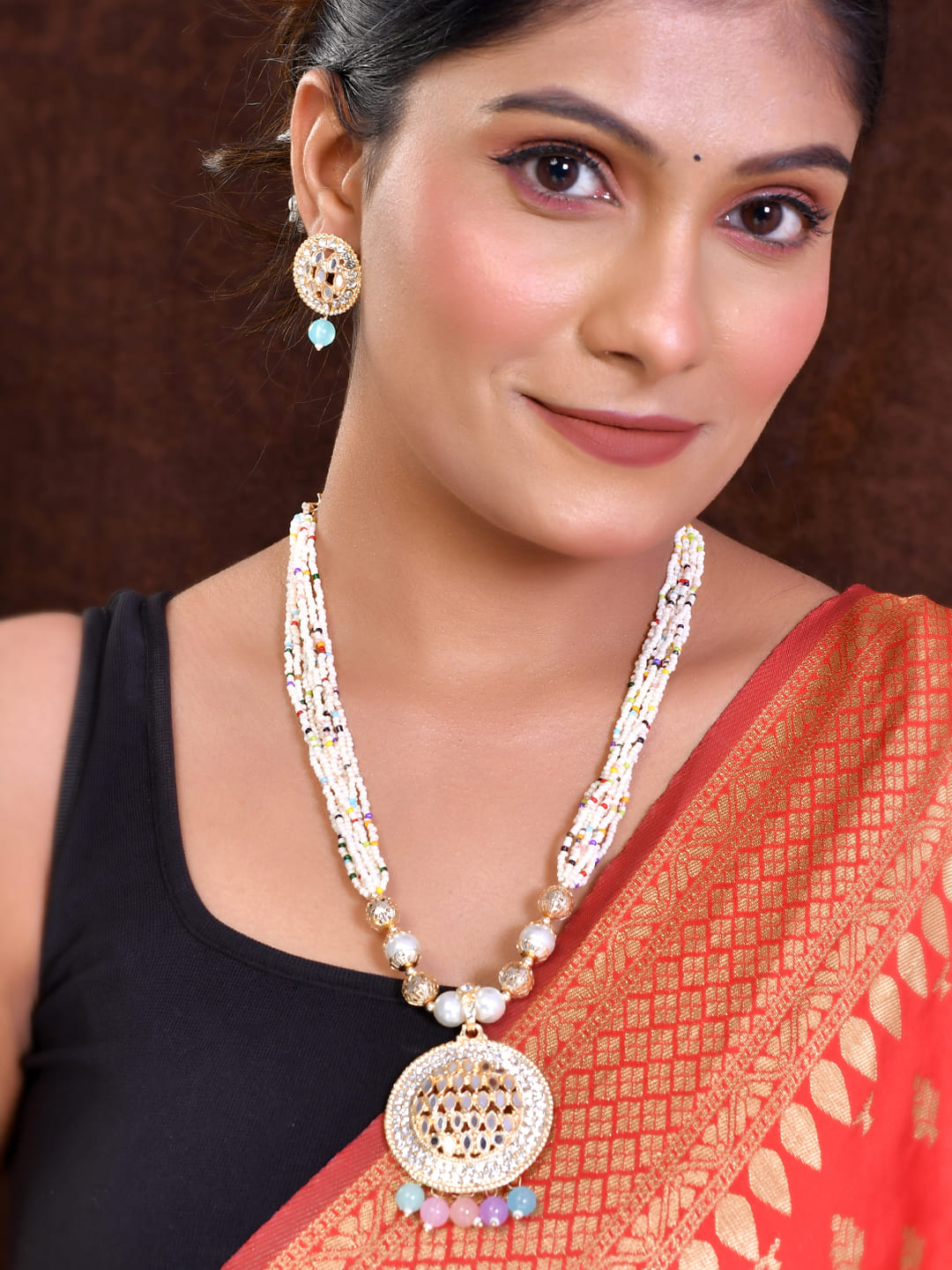 Women's Gold Plated And White Pearl Kundan Multi Color Beaded Jewellery Set