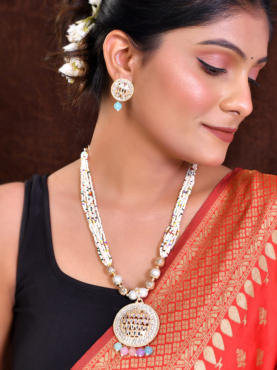 Women's Gold Plated And White Pearl Kundan Multi Color Beaded Jewellery Set