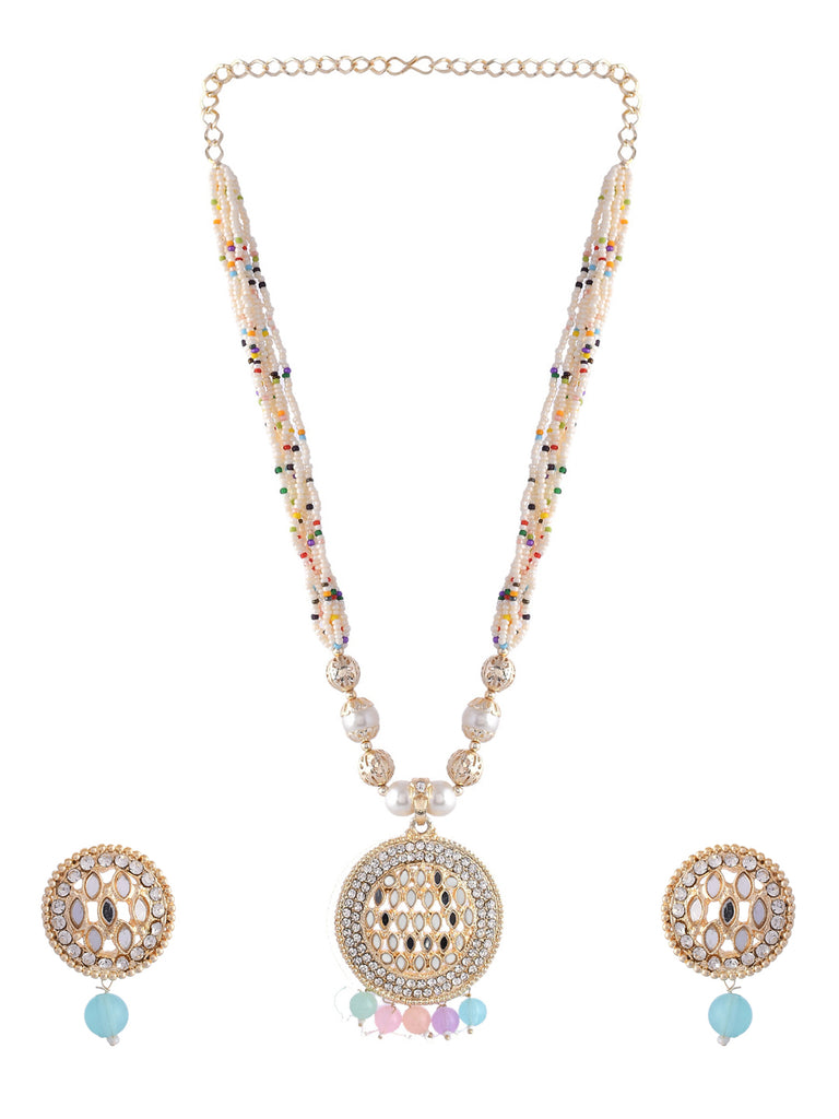 Women's Gold Plated And White Pearl Kundan Multi Color Beaded Jewellery Set