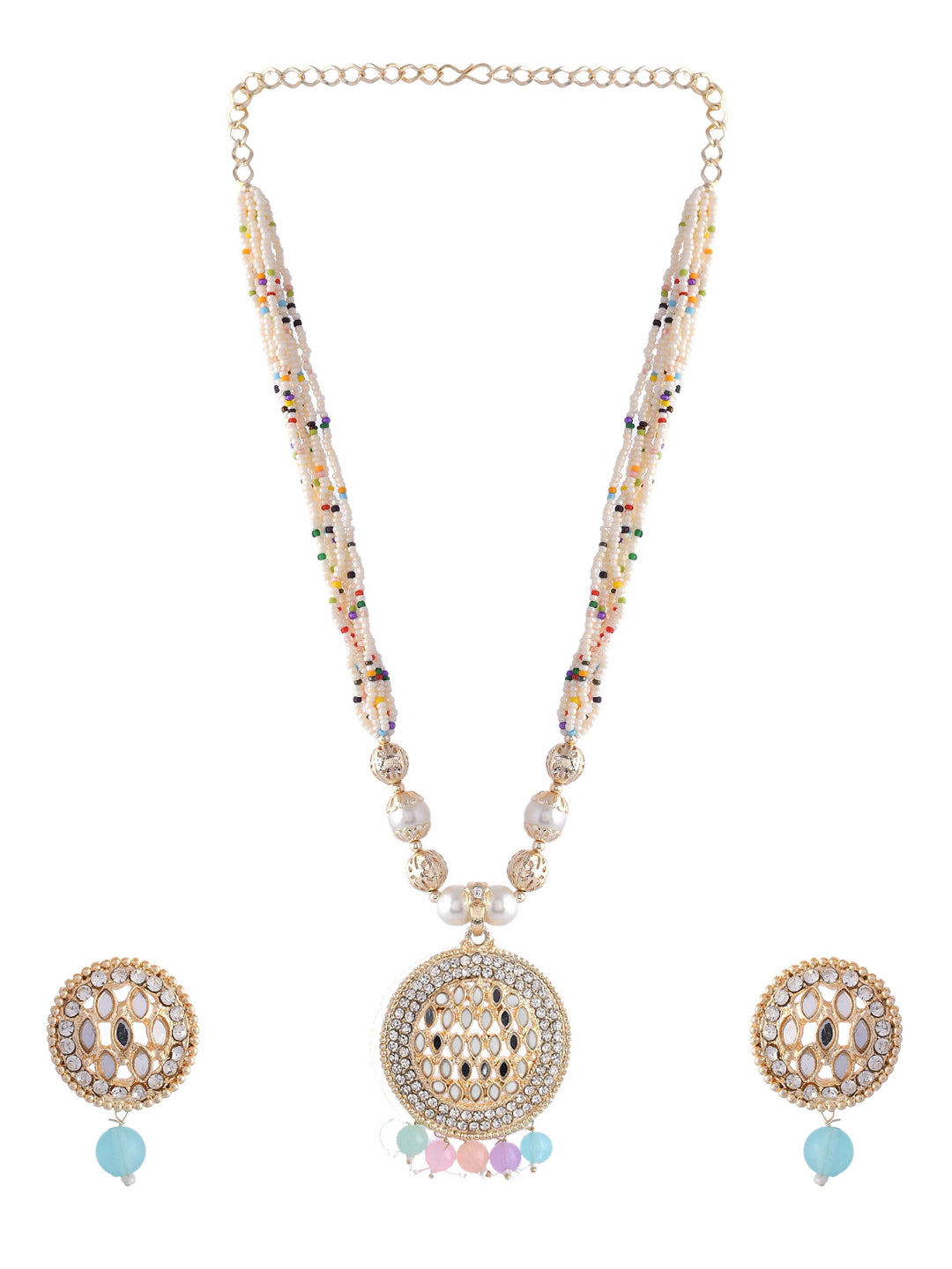 Women's Gold Plated And White Pearl Kundan Multi Color Beaded Jewellery Set