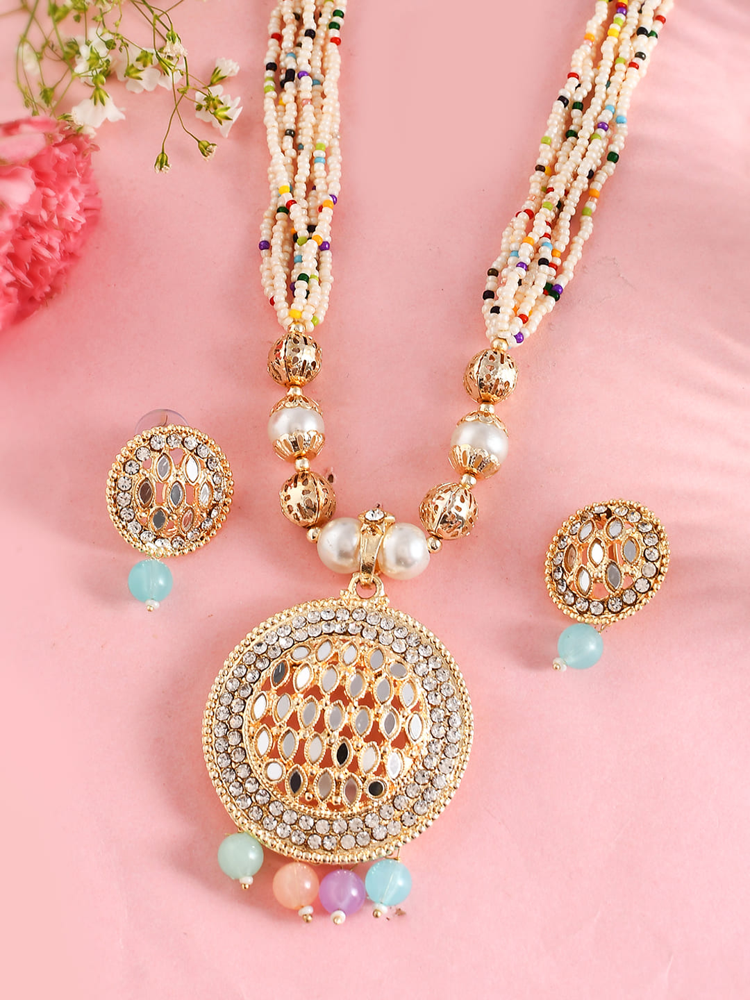 Women's Gold Plated And White Pearl Kundan Multi Color Beaded Jewellery Set