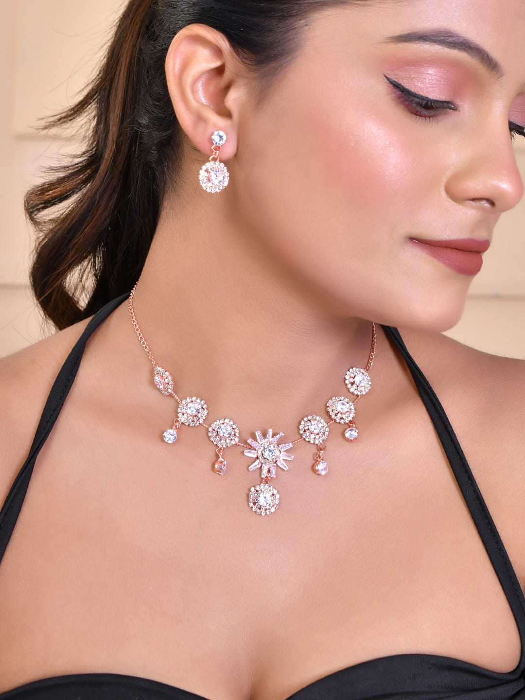 Women's Rose Gold Plated White American Diamond Jewellery Set - Voj