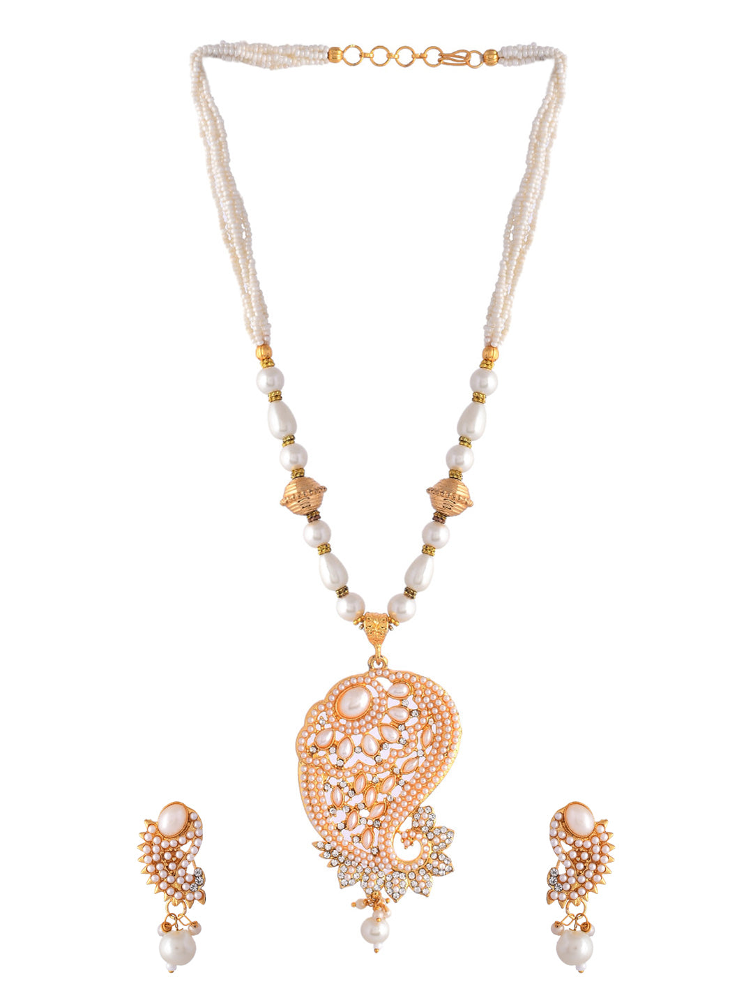 Women's Gold Plated And White Pearl Handcarfted Necklace With Earrings Set - Voj