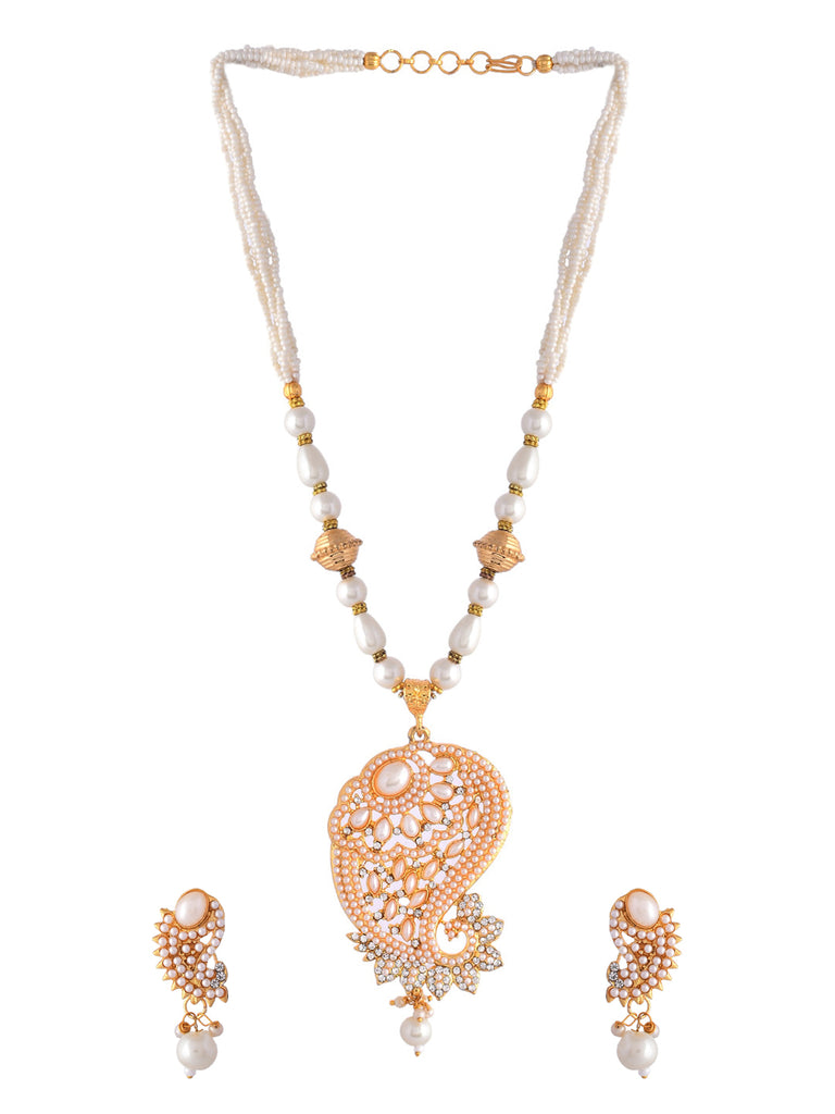 Women's Gold Plated And White Pearl Handcarfted Necklace With Earrings Set