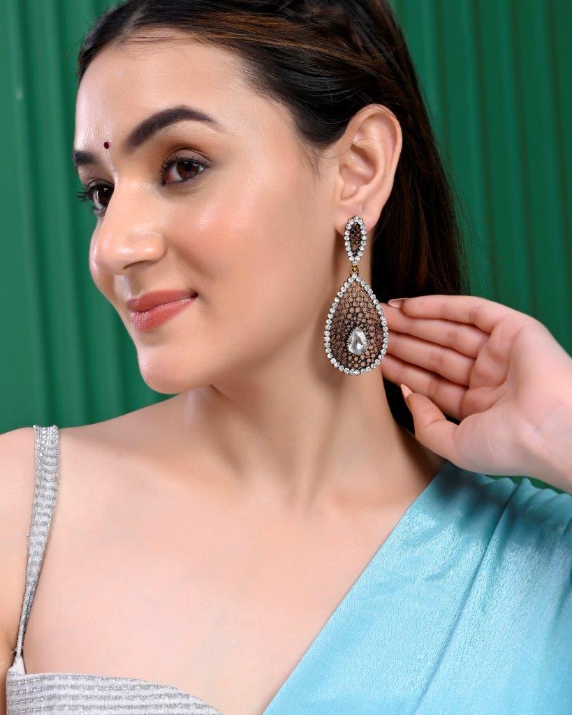 Women's Set Of 2 Earrings- Blue Printed Jhumka With Black  Ad Studded Drop  Earrings