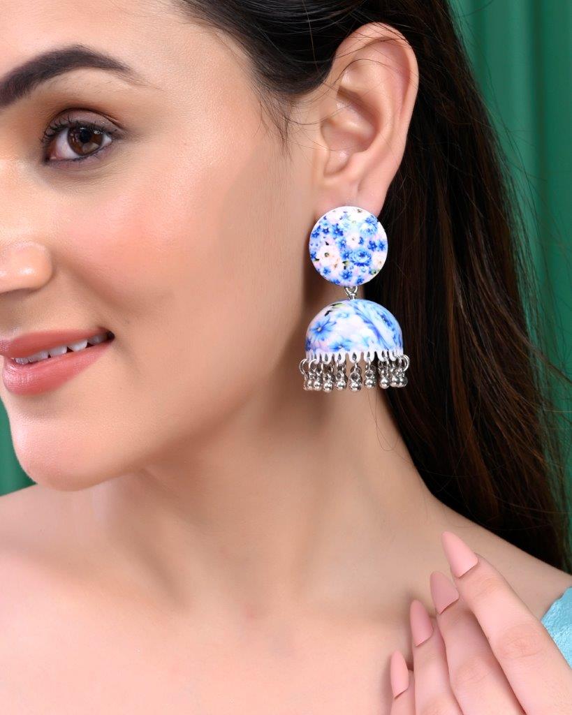 Women's Set Of 2 Earrings- Blue Printed Jhumka With Black  Ad Studded Drop  Earrings  - Voj