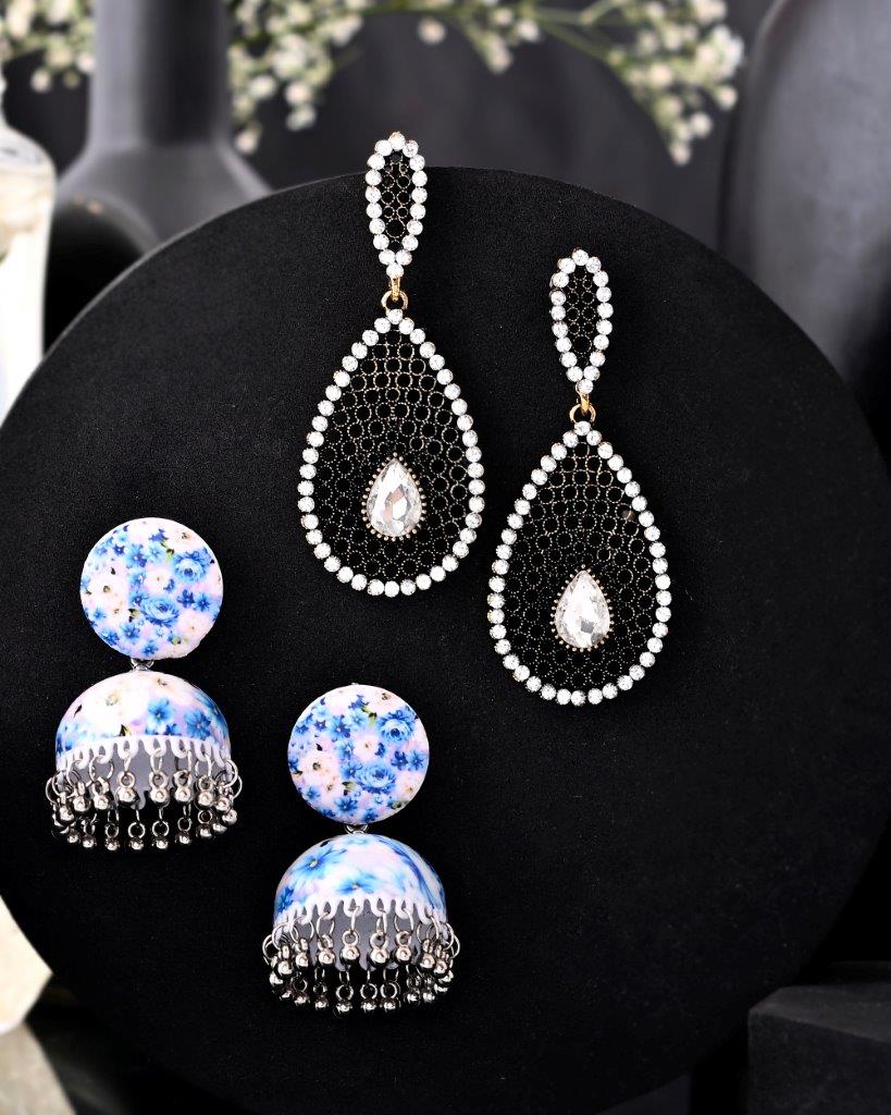 Women's Set Of 2 Earrings- Blue Printed Jhumka With Black  Ad Studded Drop  Earrings  - Voj