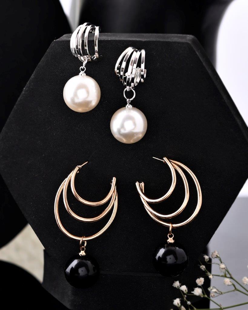 Women's Set Of 2 Korean Drop Earrings - Gold Plated With Black Pearl And Silver Plated With White Pearl Earrings  - Voj