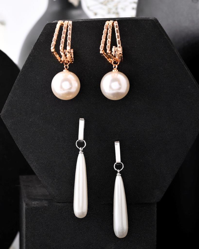 Women's Set Of 2 Korean Drop Earrings - Gold Plated And Silver Plated With White Pearl  - Voj