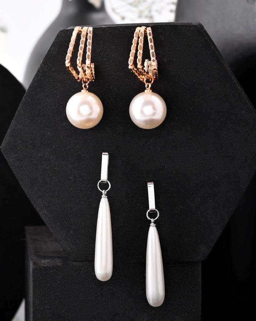 Women's Set Of 2 Korean Drop Earrings - Gold Plated And Silver Plated With White Pearl