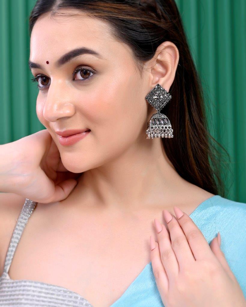 Women's Black-Toned Ad Studded Dome Shaped Jhumkas Earrings