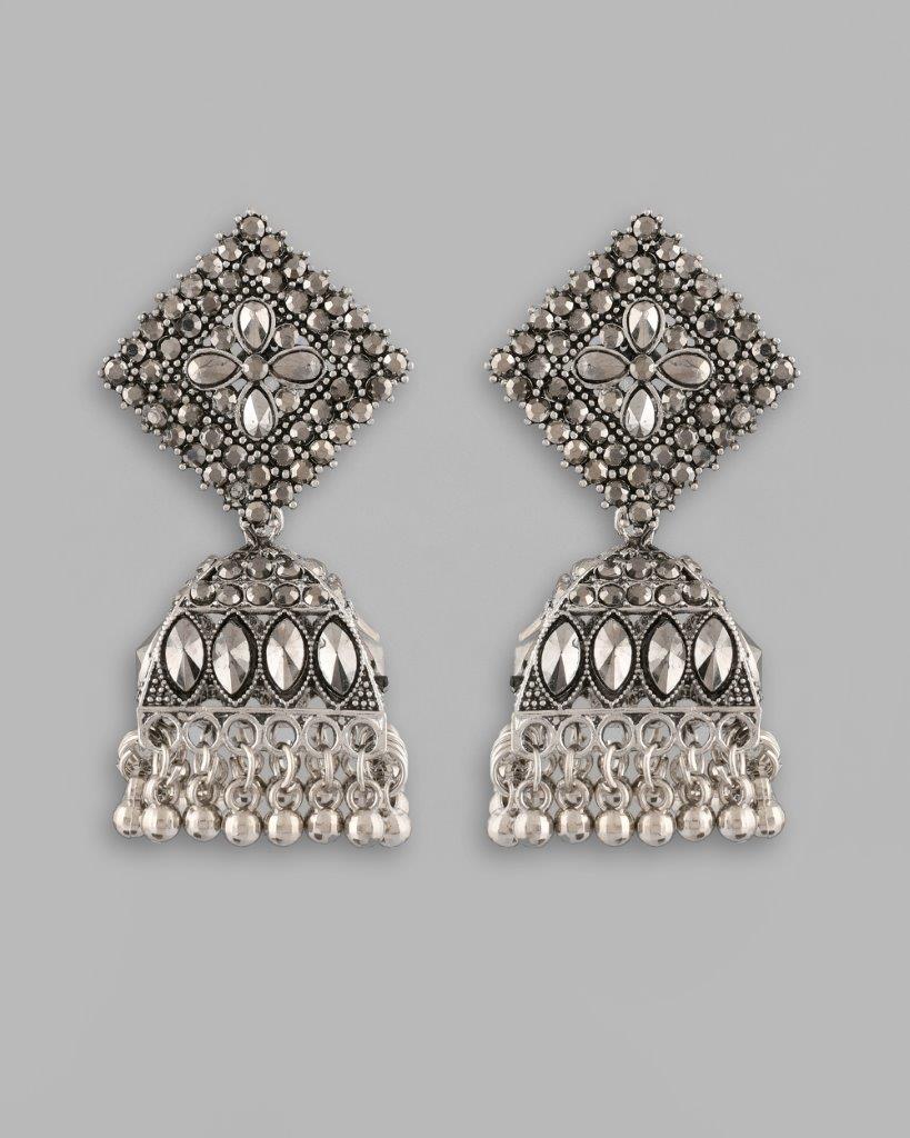 Women's Black-Toned Ad Studded Dome Shaped Jhumkas Earrings