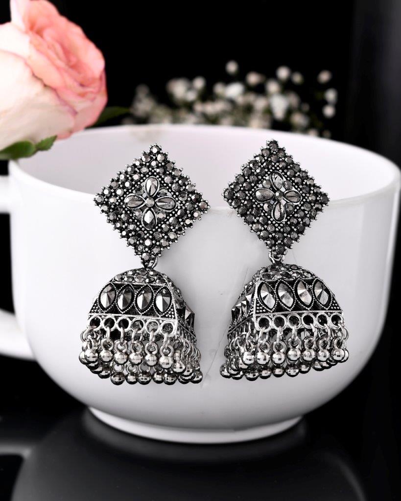 Women's Black-Toned Ad Studded Dome Shaped Jhumkas Earrings