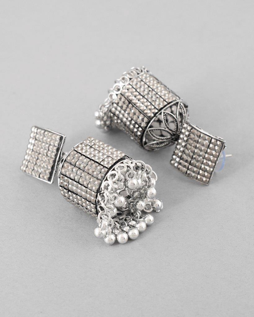 Women's Black-Toned Ad Studded Square Dome Shaped Jhumka Earrings