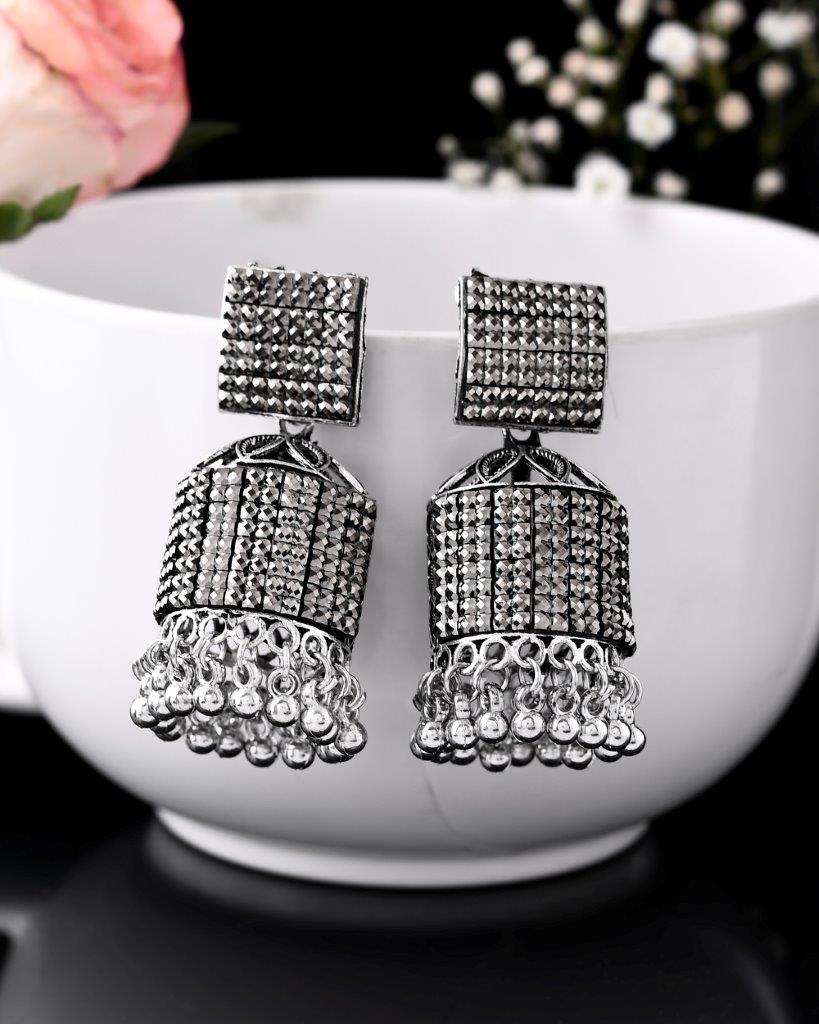 Women's Black-Toned Ad Studded Square Dome Shaped Jhumka Earrings