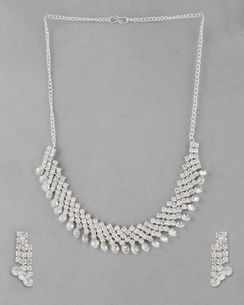 Women's Silver Plated Ad Stone Studded Necklace With Earrings Jewellery Set