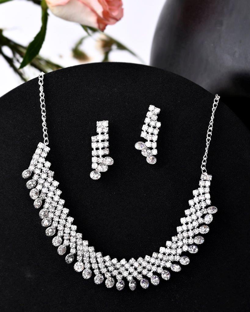 Women's Silver Plated Ad Stone Studded Necklace With Earrings Jewellery Set
