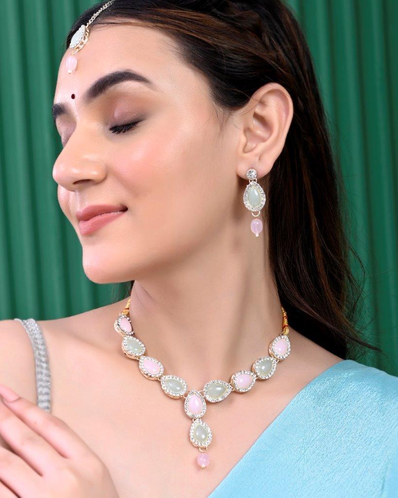 Women's Gold Plated Nude Pink And Mint Green Stone Studded Jewellery Set With Maang Tikka