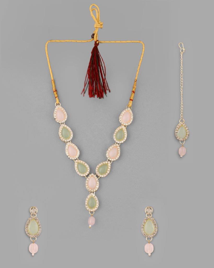Women's Gold Plated Nude Pink And Mint Green Stone Studded Jewellery Set With Maang Tikka