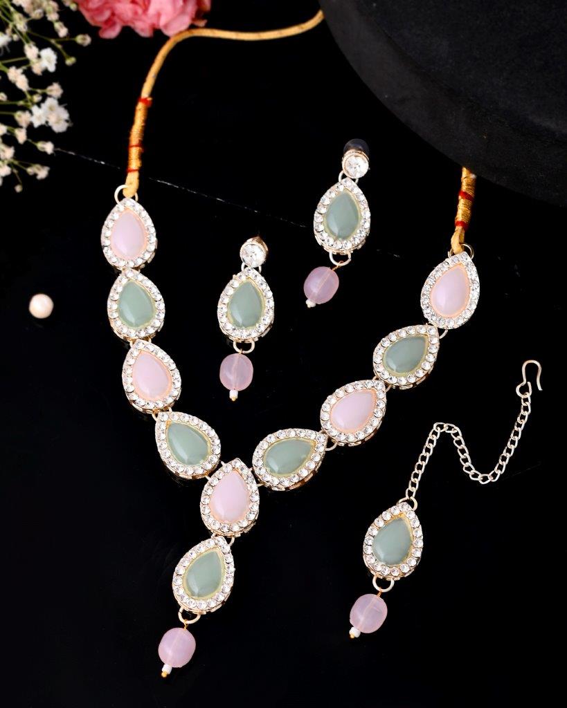 Women's Gold Plated Nude Pink And Mint Green Stone Studded Jewellery Set With Maang Tikka