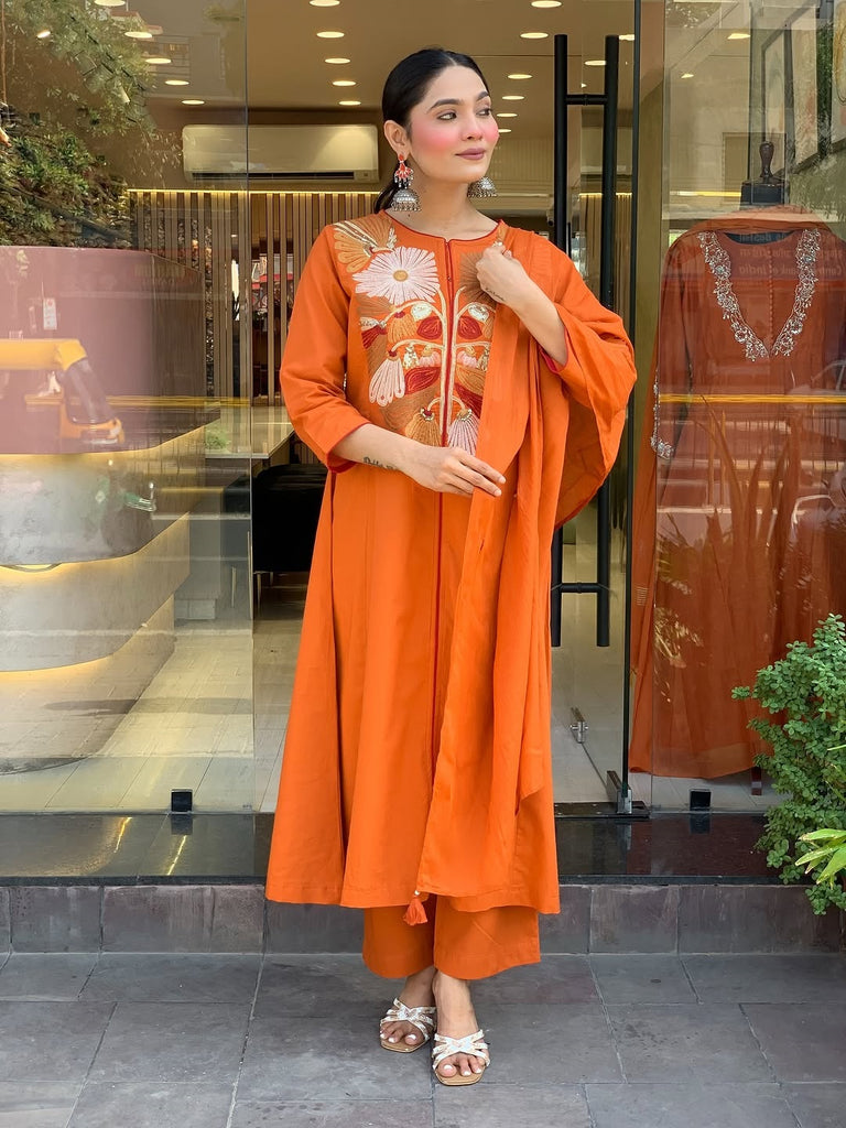 Women's Orange Embroidered Kurta With Pant And Duppata Set