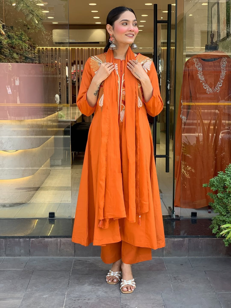 Women's Orange Embroidered Kurta With Pant And Duppata Set