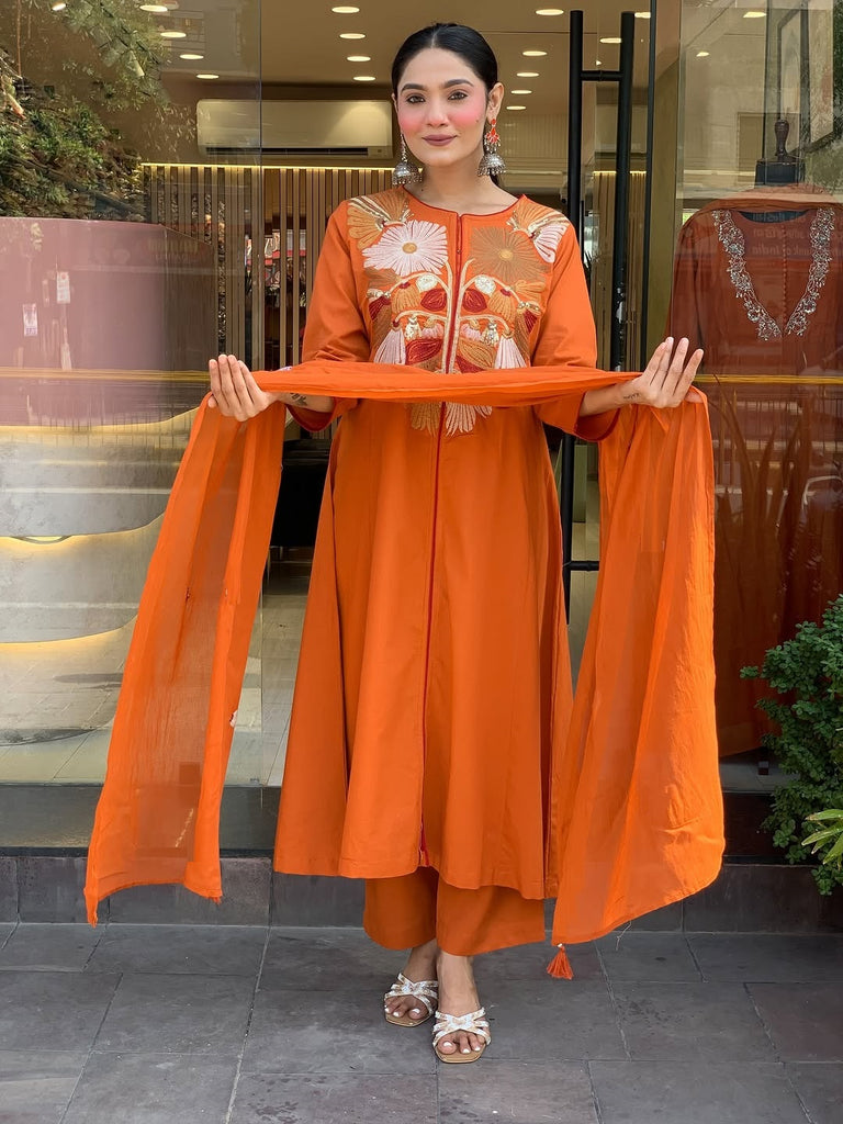Women's Orange Embroidered Kurta With Pant And Duppata Set