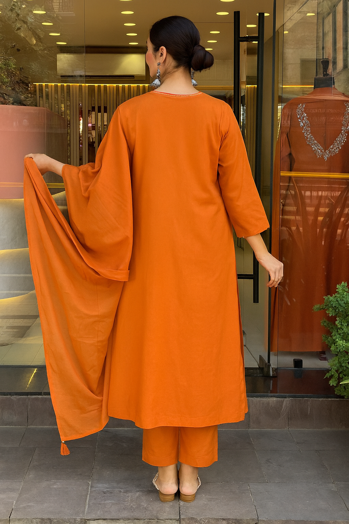 Women's Orange Embroidered Kurta With Pant And Duppata Set
