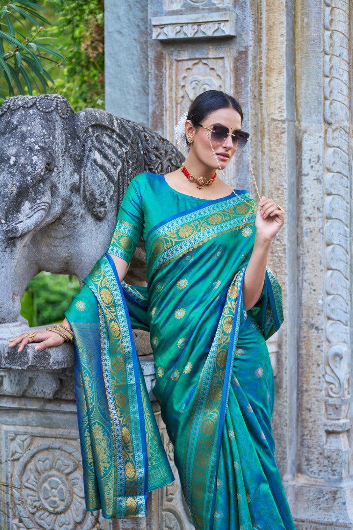 Women's Green Silk Blend Zari Weaving Work Saree - Vsaree