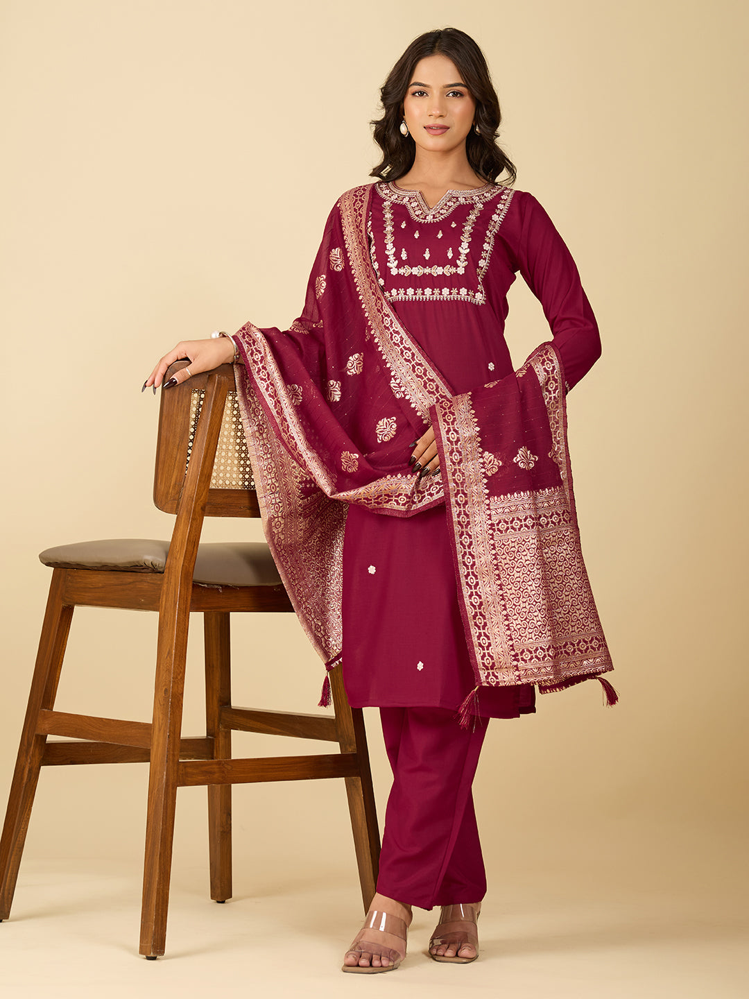 Women's Maroon Cotton Embroidery Kurta Set