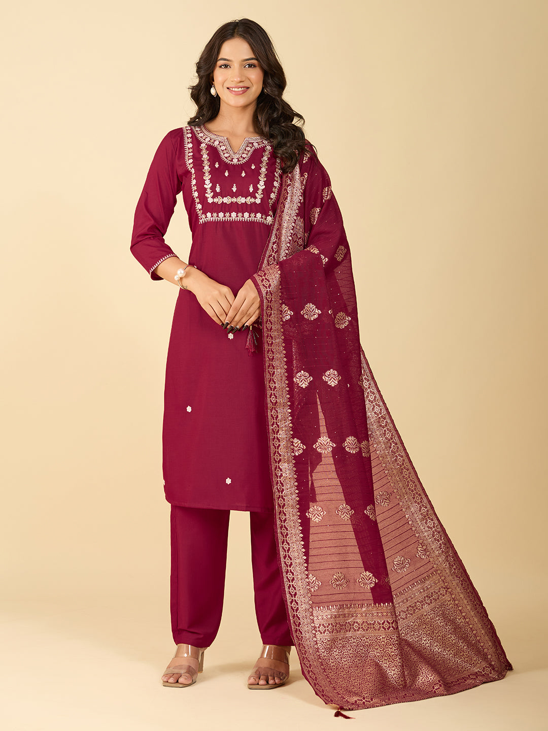 Women's Maroon Cotton Embroidery Kurta Set