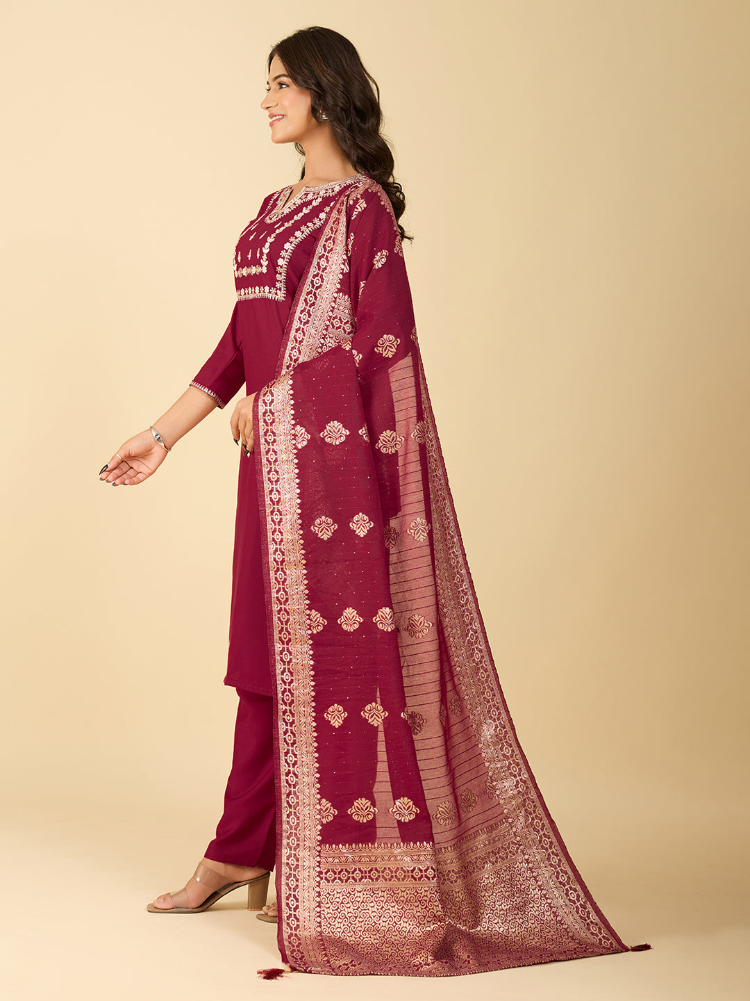 Women's Maroon Cotton Embroidery Kurta Set