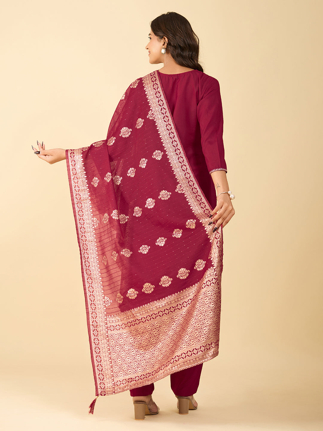 Women's Maroon Cotton Embroidery Kurta Set