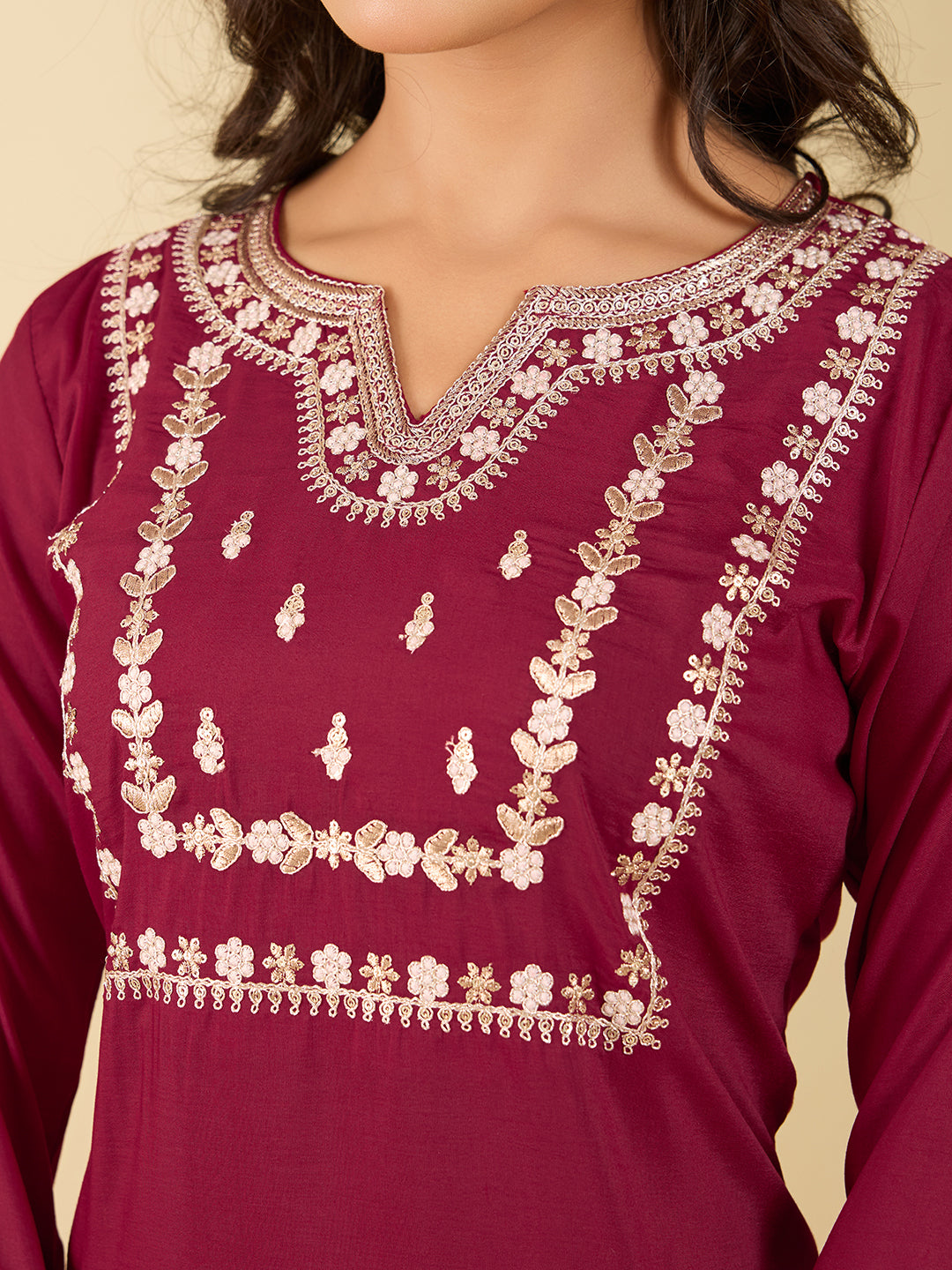 Women's Maroon Cotton Embroidery Kurta Set