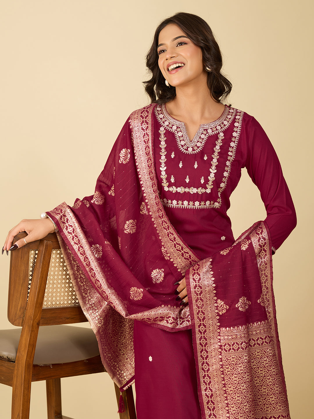 Women's Maroon Cotton Embroidery Kurta Set
