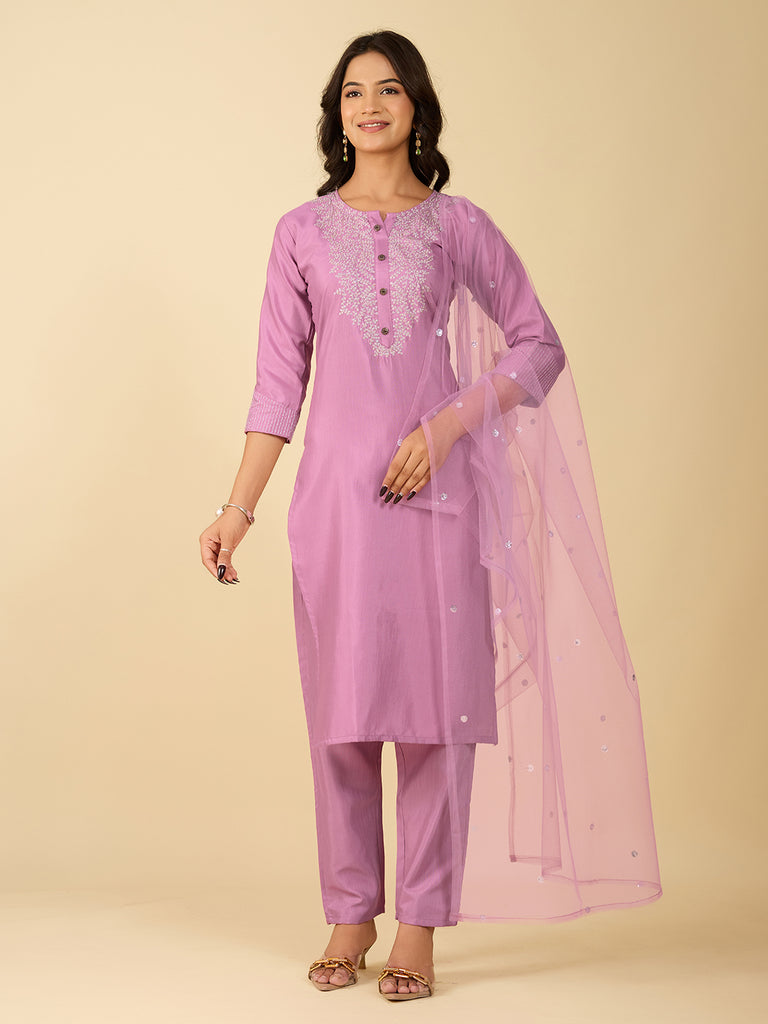 Women's Dusty Pink Cotton Blend Embroidered Kurta Set