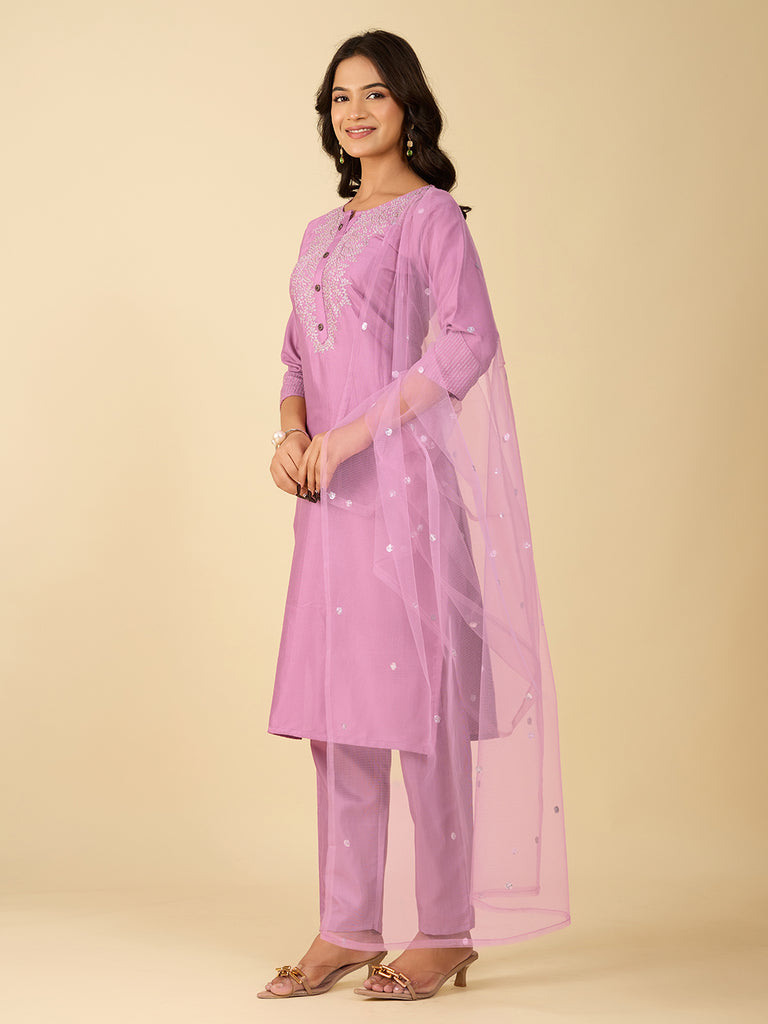 Women's Dusty Pink Cotton Blend Embroidered Kurta Set