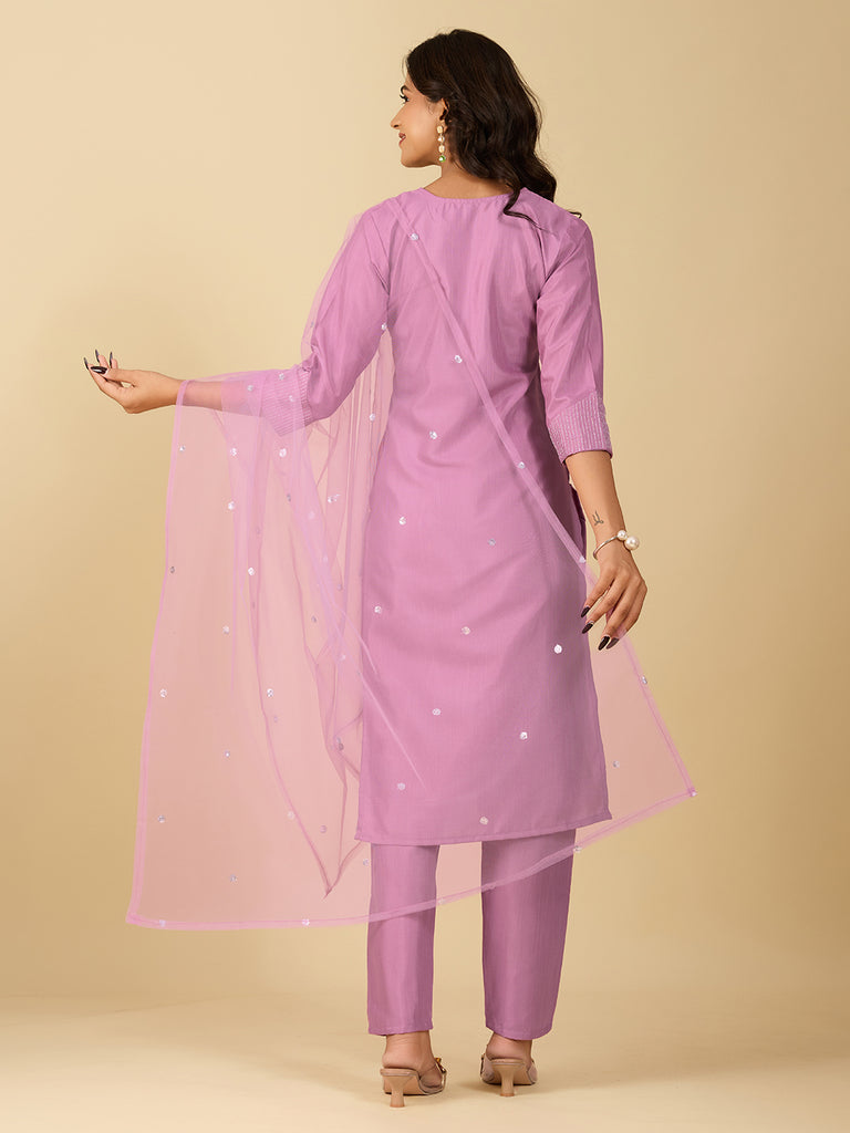 Women's Dusty Pink Cotton Blend Embroidered Kurta Set