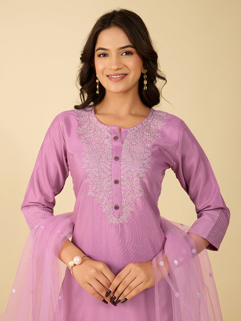 Women's Dusty Pink Cotton Blend Embroidered Kurta Set