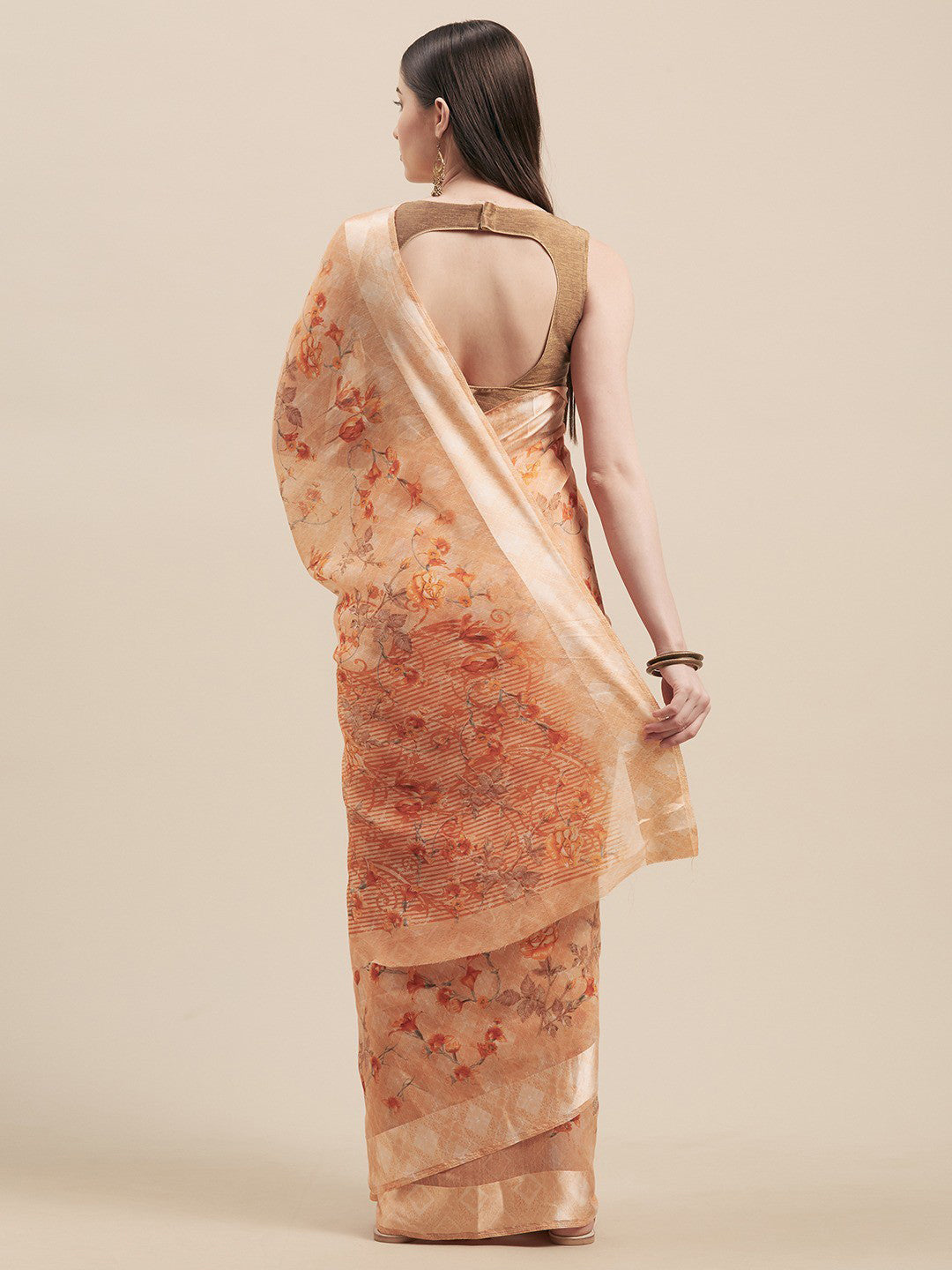 Women's Orange Cotton Blend Printed Saree - Ahika
