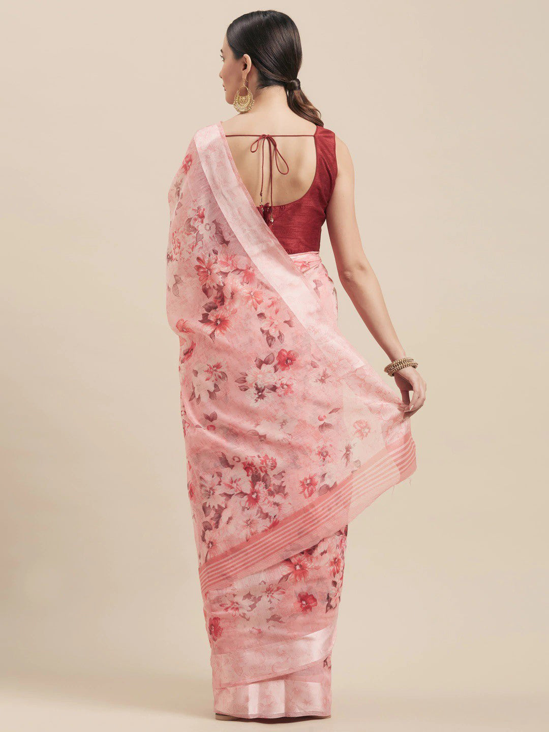Women's Pink Cotton Blend Printed Saree - Ahika