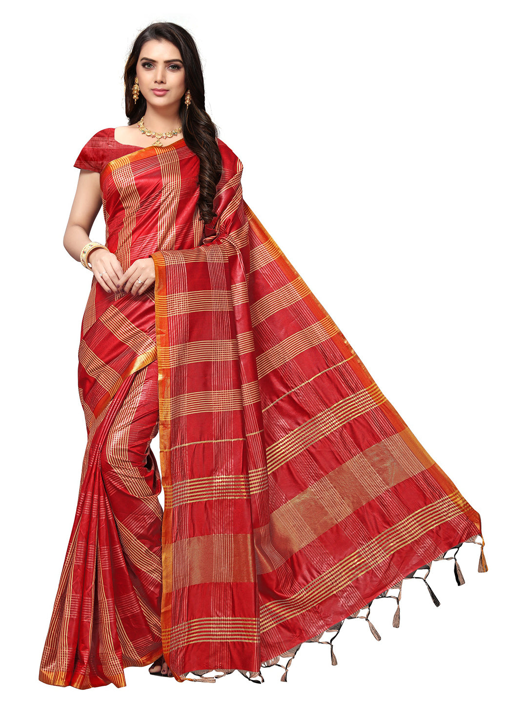 Women's Maroon Silk Blend Woven Saree - Ahika