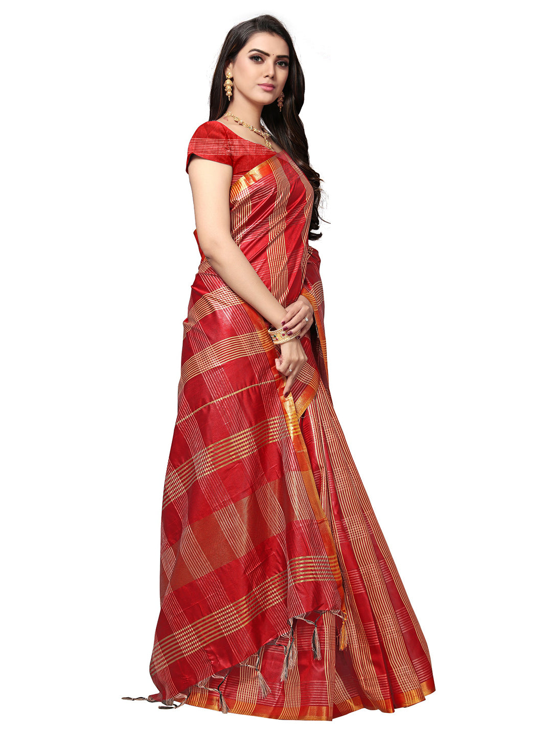 Women's Maroon Silk Blend Woven Saree - Ahika