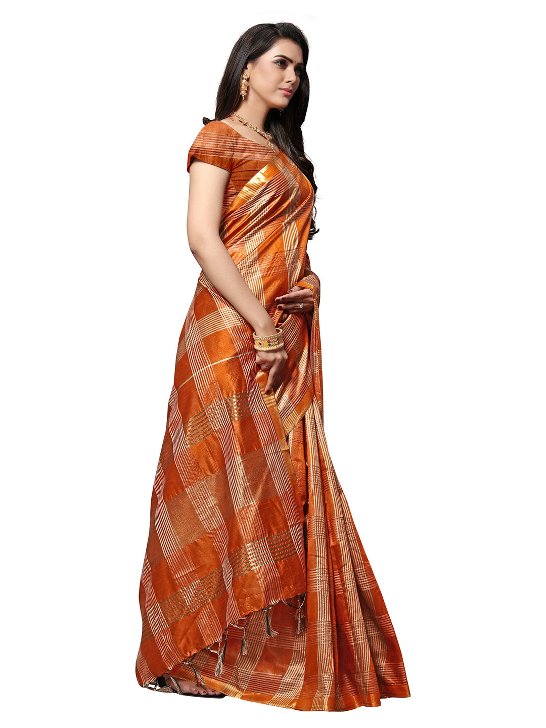 Women's Rust Silk Blend Woven Saree - Ahika