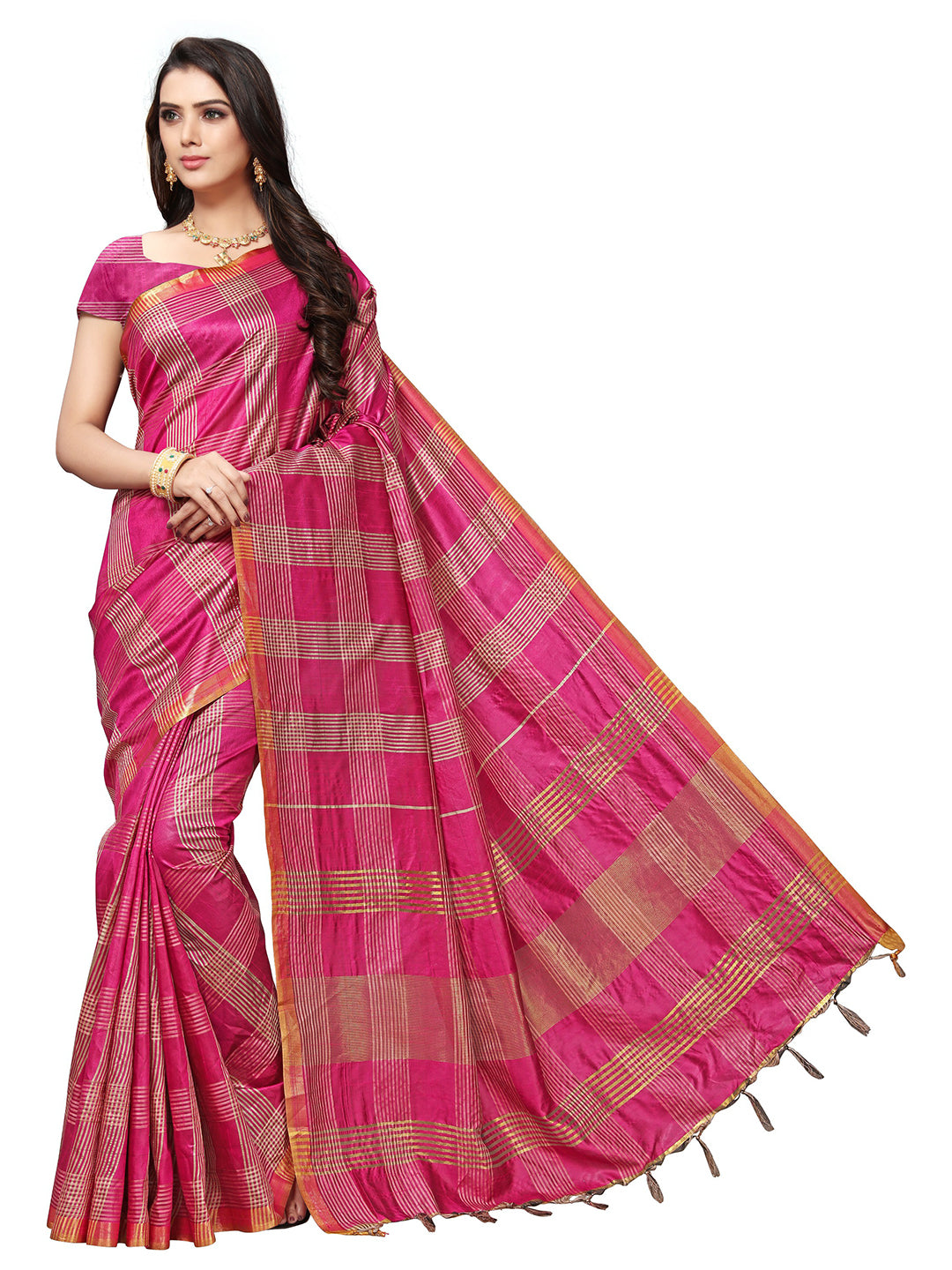 Women's Pink Silk Blend Striped Saree - Ahika